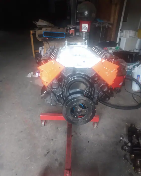 A V8 on the engine stand partway through a build