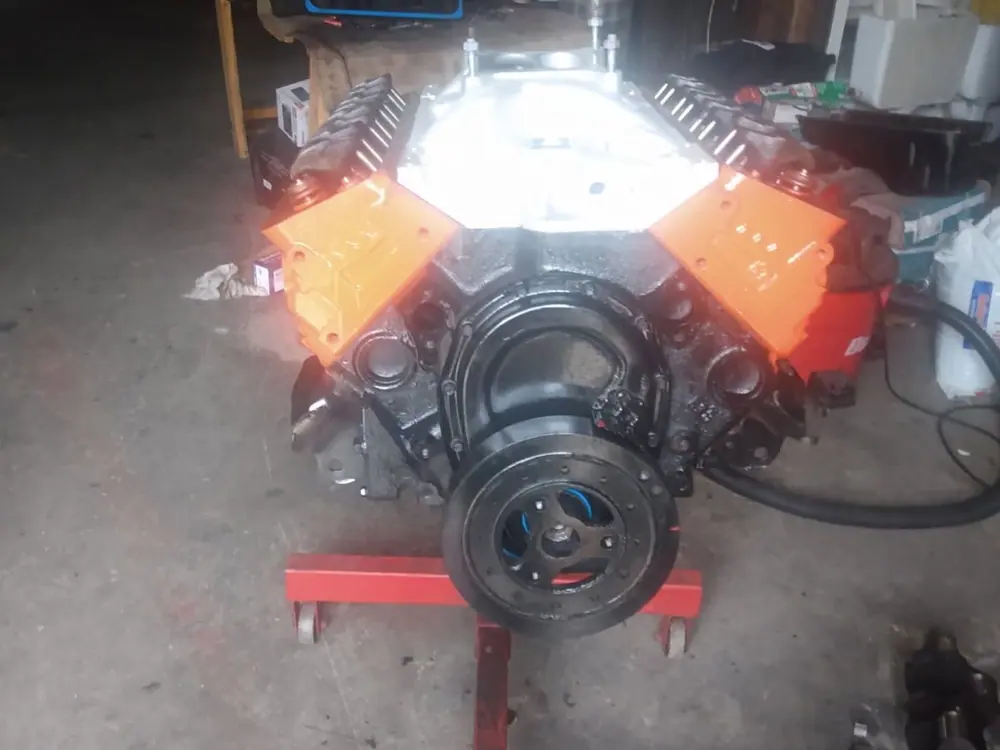 A V8 on the engine stand partway through a build